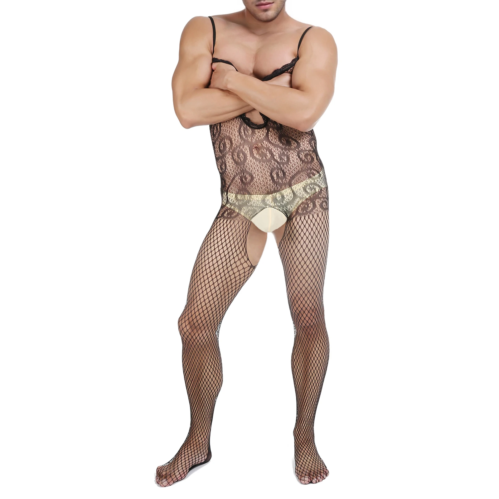 مثير الرجال بذلة شبكة صيد السمك الملابس الداخلية جوارب طويلة السباغيتي ارتداءها كروسدريس الدانتيل Crotchless الأرداف جوارب