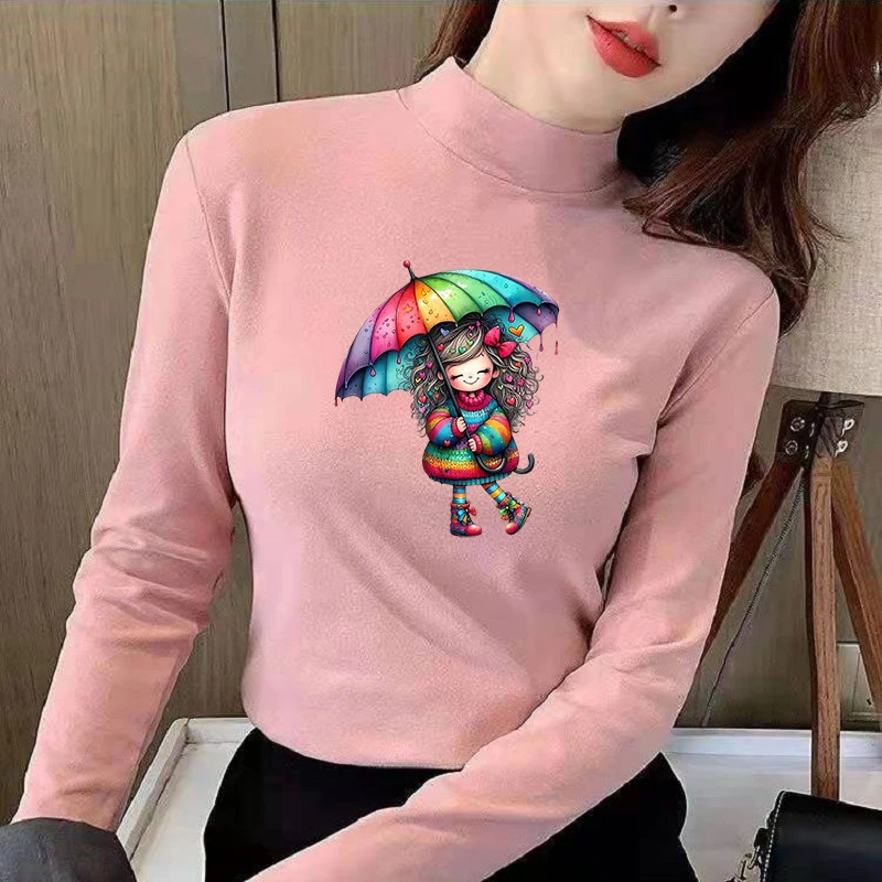 Winter Women's Thermal Brushed Fleece Half Mock Neck Long Sleeve T Shirt Rainbow Umbrella Girl Smiling Graphic Warm Tee