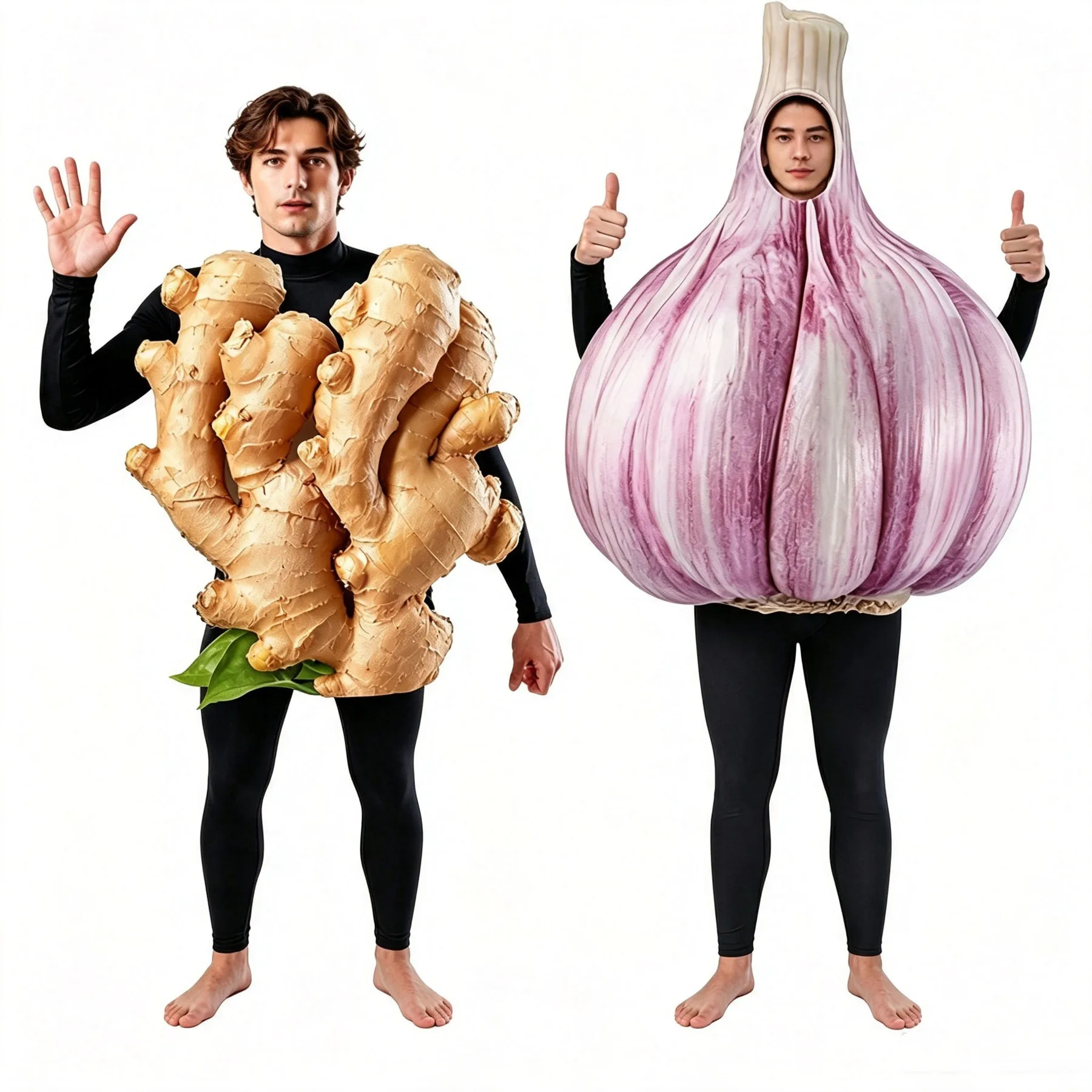 ジンジャーとニンニクのコスプレコスチューム-スポンジパペット-リアルな野菜コスチューム-ハロウィン-食品をテーマにしたチームビルディング用おもしろグッズ