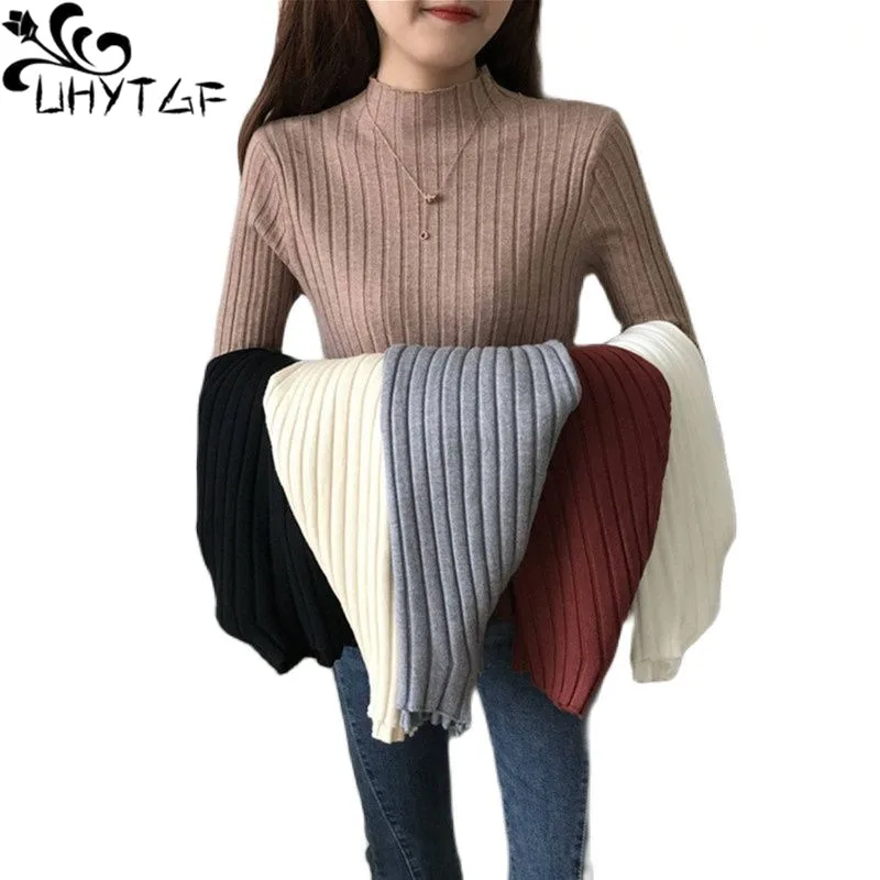 

UHYTGF Long Sleeves Cashmere Sweater Women Knitted Half Turtleneck Pullover Slim Winter Sweater Female Elastic Slim Knitwear2689