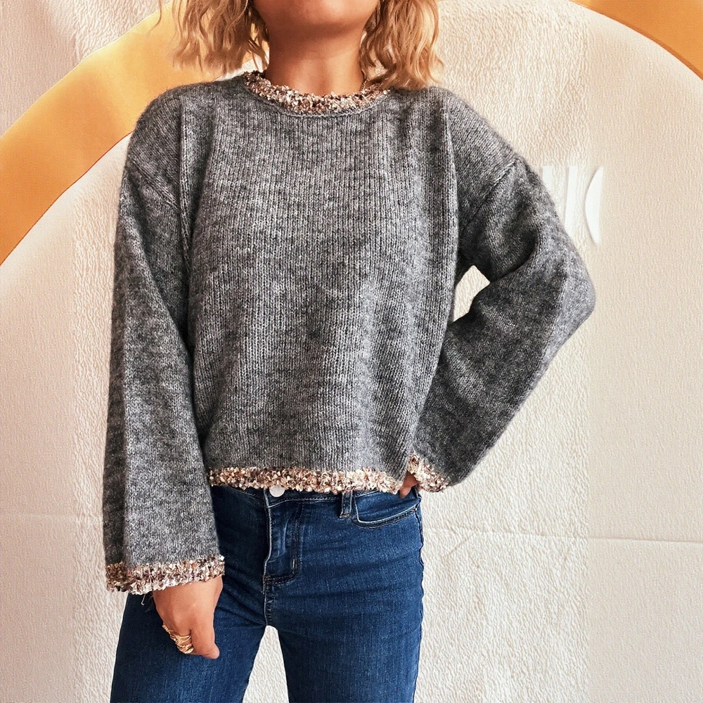 

Женский осенне-зимний свитер, повседневный свитер с длинным рукавом и круглым вырезом, однотонный, удобный трикотаж, модный топ с прямым рукавом