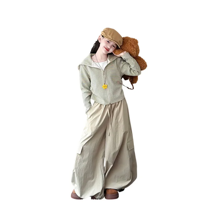 2026 New Girls Fashion Solid Color Casual Girls Big Kids Apricot Striped Top Coat Wide Leg Pants Set