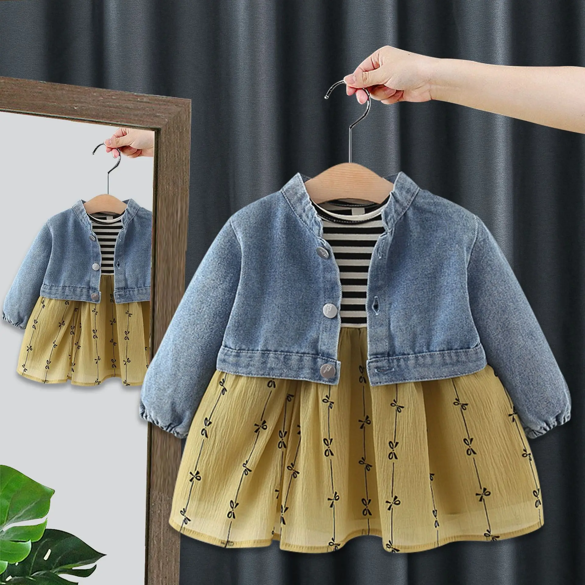 Baby Princess Dress Child Girl Autumn Suit Girl Jeans Coat + Mesh Stripe Print Dresses Two Piece Toddler Infant Clothes Set image 2
