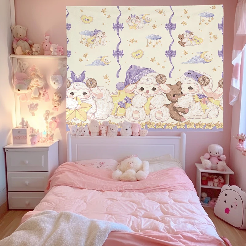 VIKAMA Cute Lamb Bear Kawaii Tapestry, Pastel Aesthetic Wall Hanging, Sweet Home Decor for Bedroom Living Room Dorm
