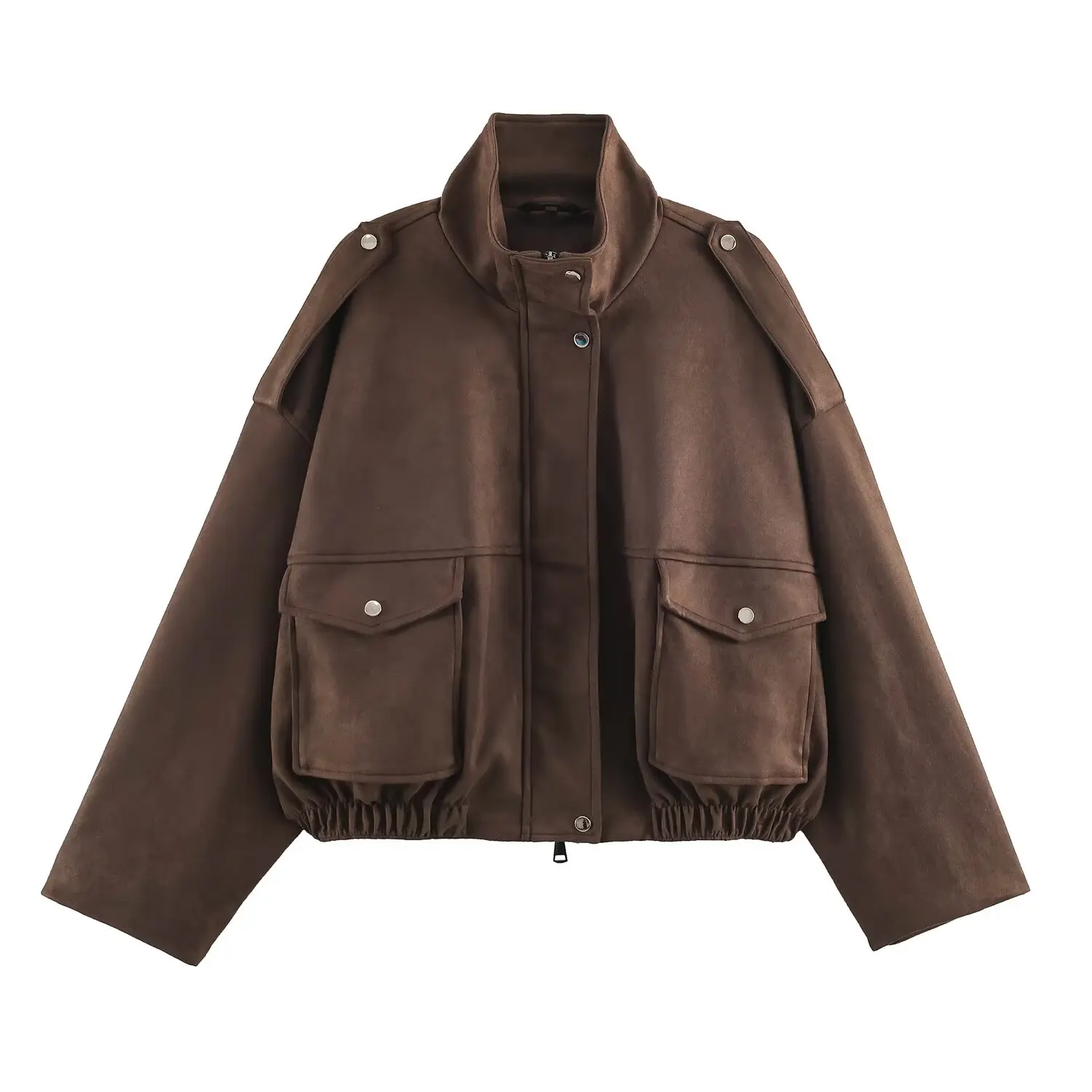 BSAY 2026 Women Vintage Cargo Faux Suede Jacket Stand Collar Shoulder Strap Flap Pocket Drawstring Hem Loose Cropped Outerwear