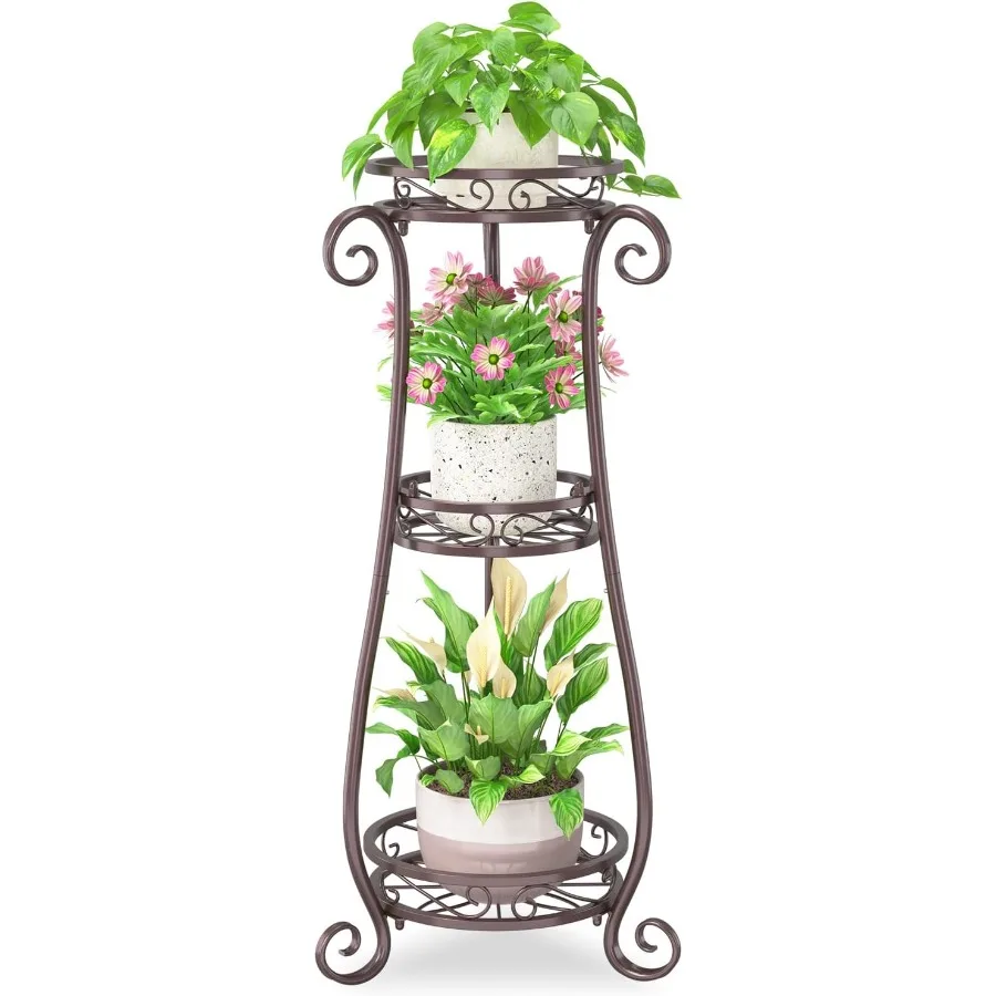 

3-х уровневая металлическая подставка для растений в помещении и на открытом воздухе из кованого железа, угловой высокий держатель для цветочного горшка, полка 34 дюйма, вертикальная, тяжелая