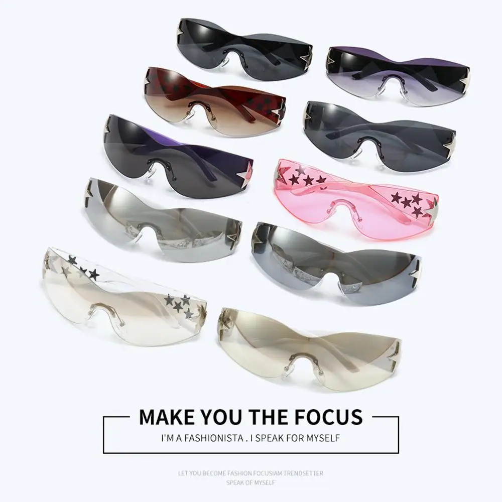 ผู้หญิงและผู้ชายแฟชั่น Shades UV400 ป้องกันแว่นตากันแดดสีดํา Rimless Y2K แว่นตากันแดดพันรอบดาวตกแต่งดวงอาทิตย์แว่นตา