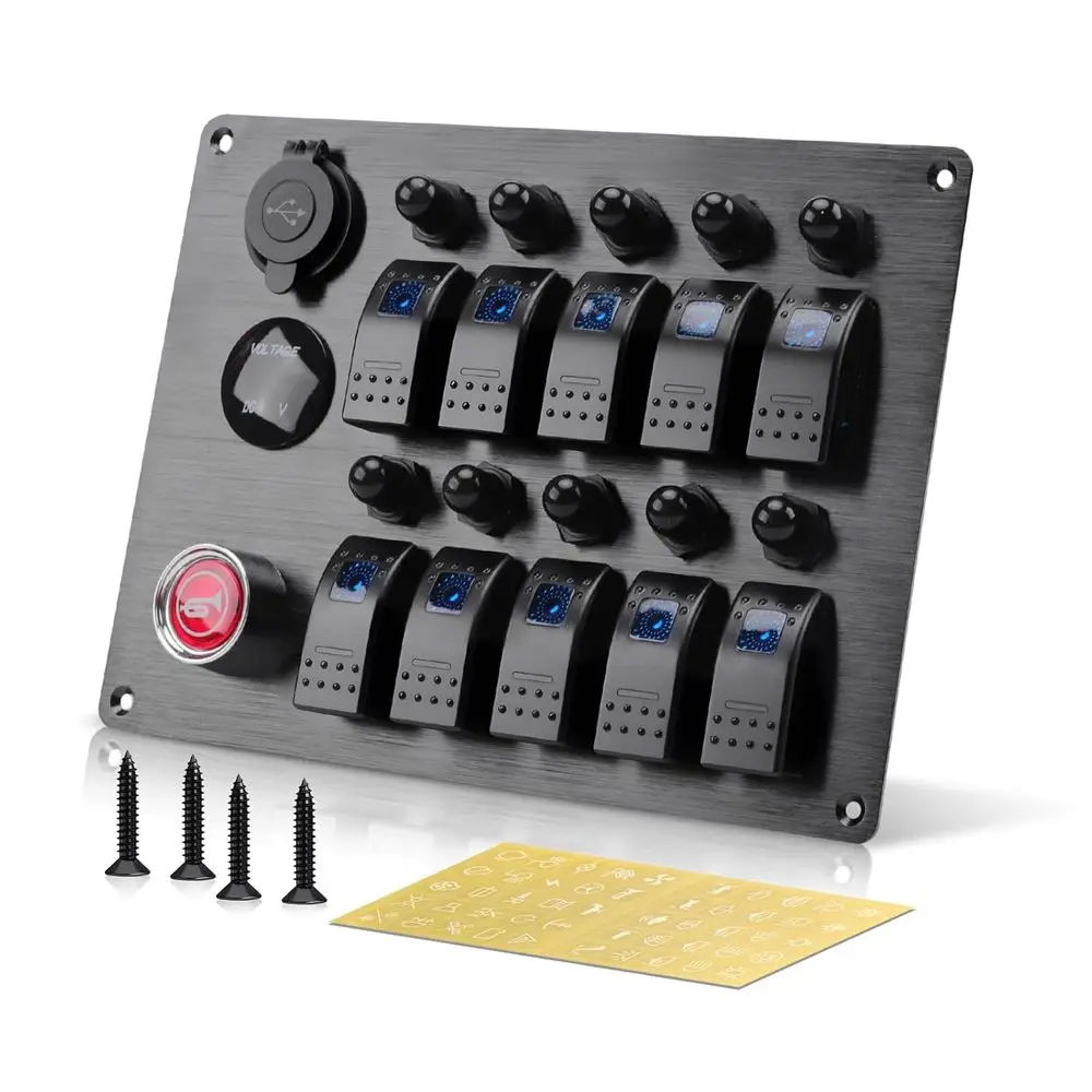 10 Gang Marine Rocker Switch Panel, Boat Toggle Switches Panel with LED Circuit Breaker, 12V/24V DC Power Socket & Horn Button,