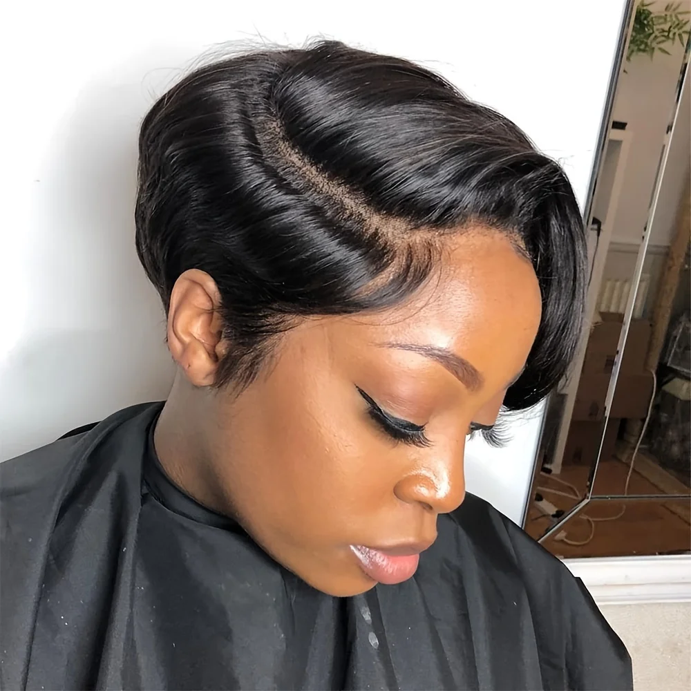 

Парик из натуральных волос с кружевной передней частью 13x1 T-образной формы для женщин, прямой, стрижка пикси, плотность 150%, 6 дюймов