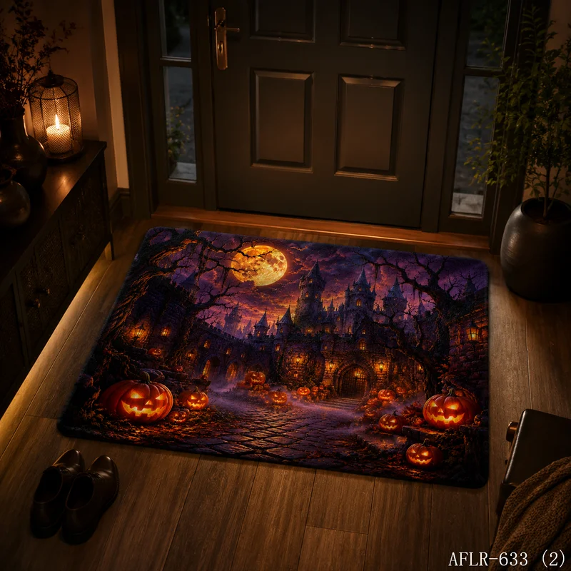 VIKAMA Spooky Halloween Pumpkin Haunted Castle Doormat Giant Harvest Moon Flying Bats Non Slip Entry Floor Rug Home Decoration