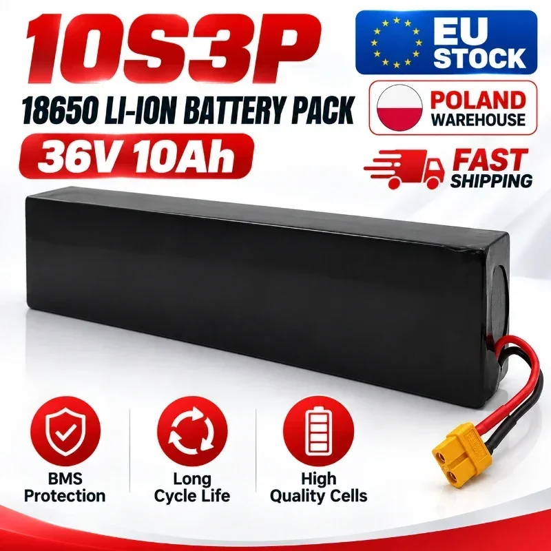 Li-Ion-Akku 36V 10Ah 10000mAh 10S3P 500W mit integriertem BMS für Elektro-Scooter KUGOO S1 S2 S3, wiederaufladbarer 18650-Zellen-Pack, hohe Kapazität, Ersatz für Elektro-Scooter, EU-Lager und