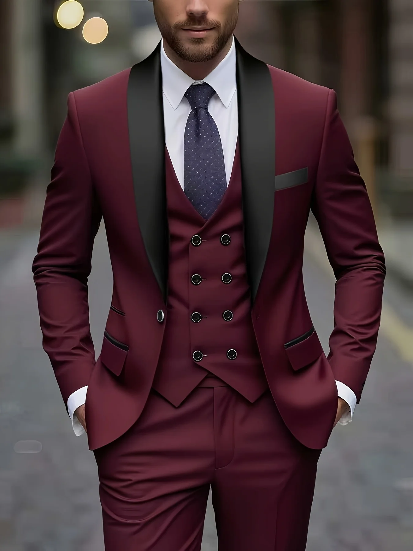 

Мужской деловой костюм-тройка (двухцветный): пиджак на одной пуговице, однотонные брюки и жилет, подходит для