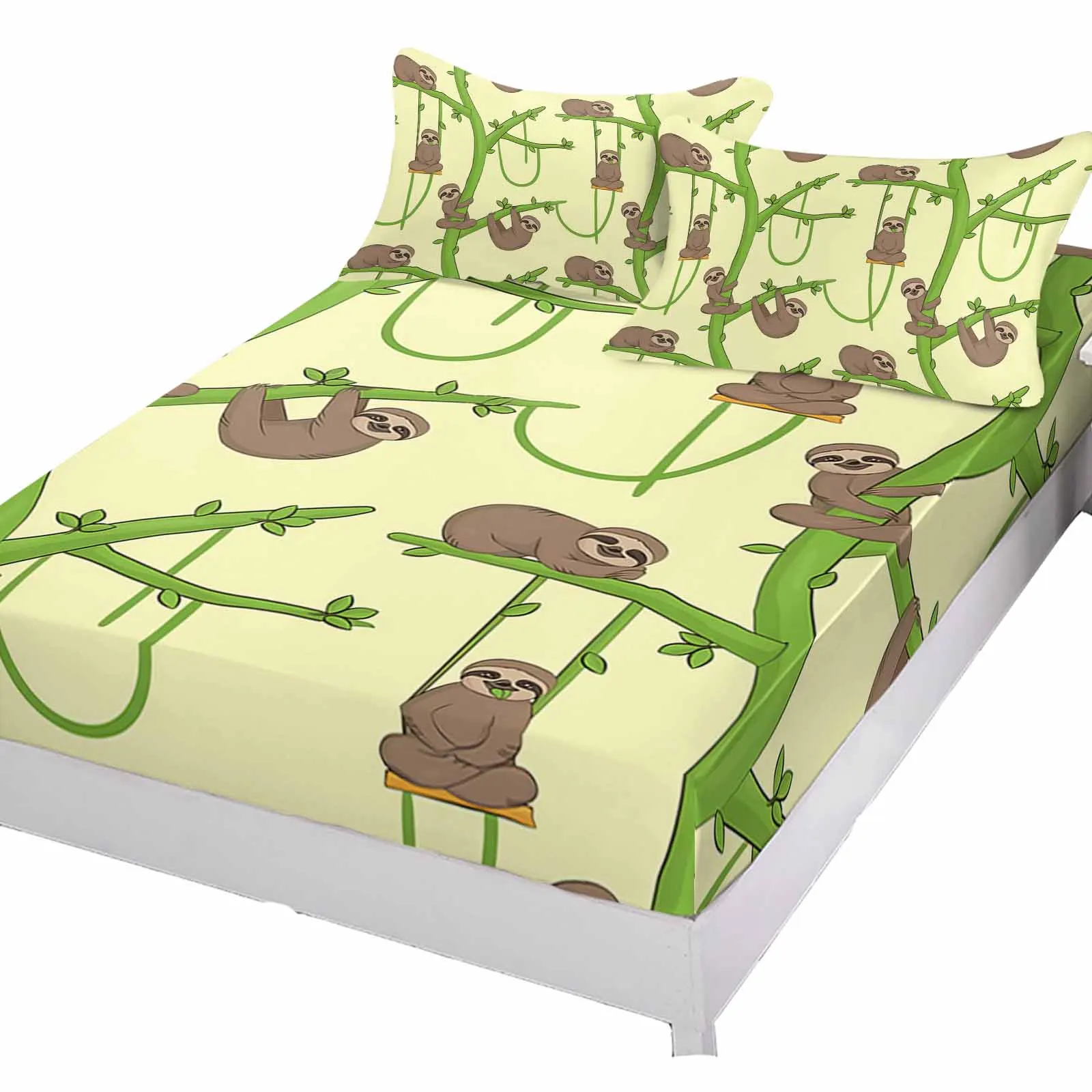 Cartoon Sloth Tree Branch Queen Size Bed Mattress Fitted sheet Elastic Rubber Band Non-slip Bed Sheet Pillowcase Set