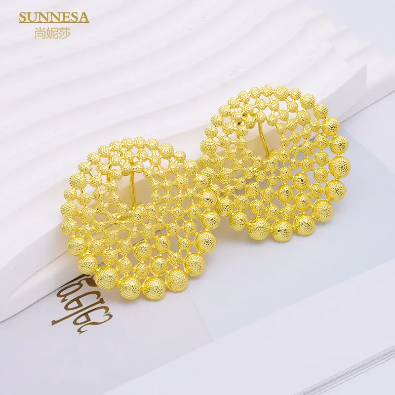 SUNNESA African Dubai Jewelry Set for Women Round Pendant Necklace Clip Earrings Hollow  Senegal Bridal Jewellery Trendy Ring