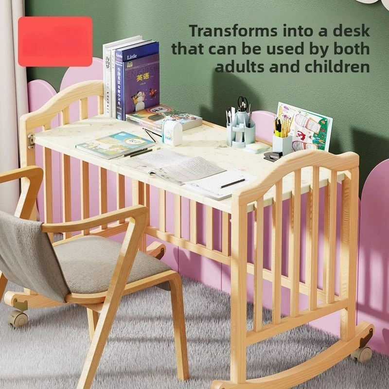 Crib Solid Wood Unpainted Multifunctional Splicing Large Bed Mobile Baby Cradle Newborn Children's Sleeping Bed