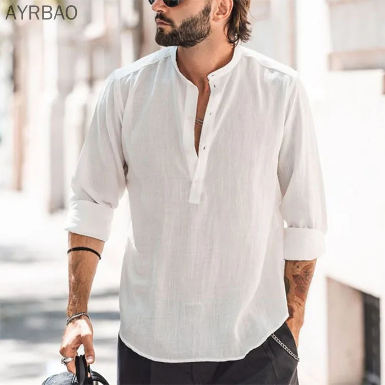 Men's Old Money Style Shirt Casual Stand Collar Long Sleeve Cotton Shirt Summer Lightweight Tops Cotton Linen Shirt for Men