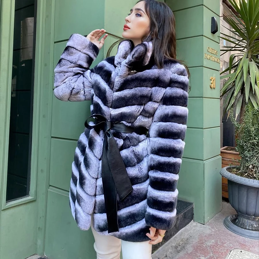 سترات على شكل أرنب طبيعي معطف فرو شينشيلا طويل الطراز للنساء من فرو الأرنب الحقيقي سترة جلدية أصلية عالية الجودة