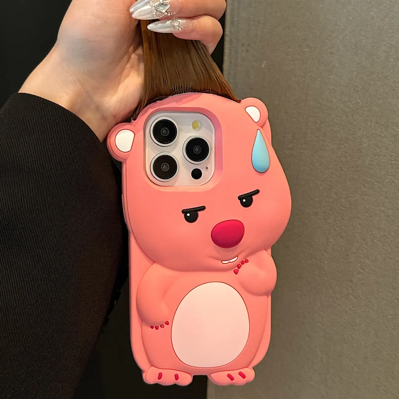 Hot Loopy Hair Fringe 3D Pink Funny Phone Case For iPhone 16 15 14 13 12 11 Pro Max Cartoon Y2K Girl Kawaii Speechless Cover