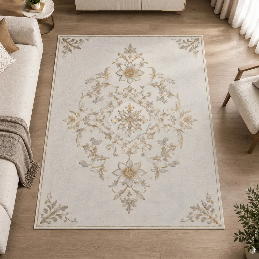 VIKAMA Living Room Rug Misty White Gold Line Symmetrical Bloom Bedroom Dining Room Balcony Front Door Modern Home Decor