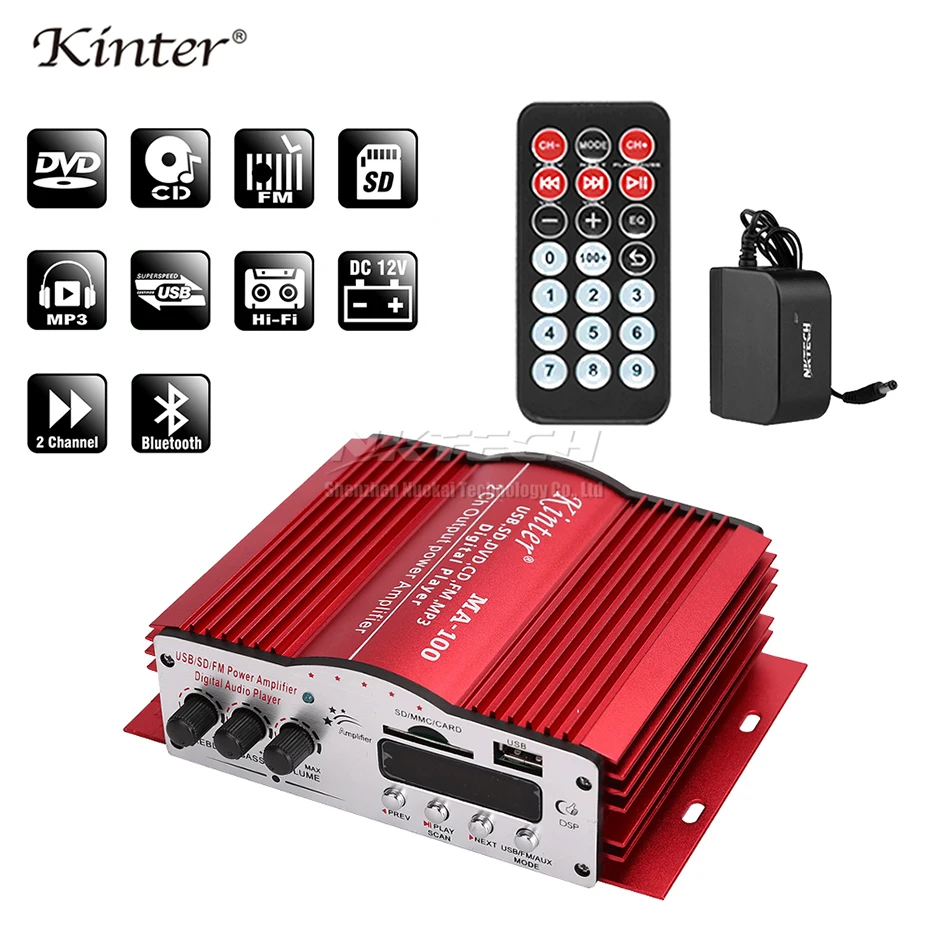 

MA-100 Kinter Car Digital Player Power Amplifier 2x 25W Hi-Fi Stereo BASS Treble SD USB CD DVD MP3 FM Home Audio Class AB