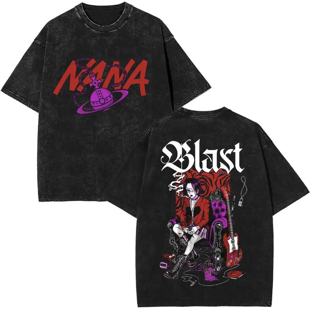 Anime Oosaki Nana Vintage Washed T-shirts Black Stones T-shirt Gothic Rock Streetwear Men Women Manga Fashion Oversized T Shirts