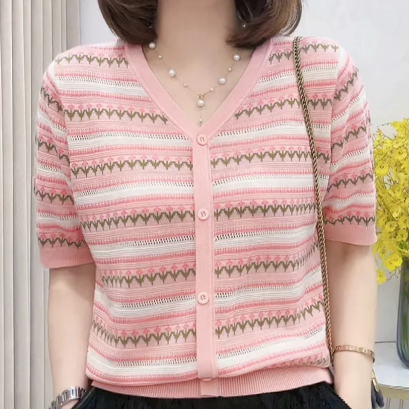 

Women's Clothing Aging Reduction Jacquard Stripe Pink Short Sleeve Tshirt Summer Loose Casual Knit Tee Lady V-neck Versatile Top