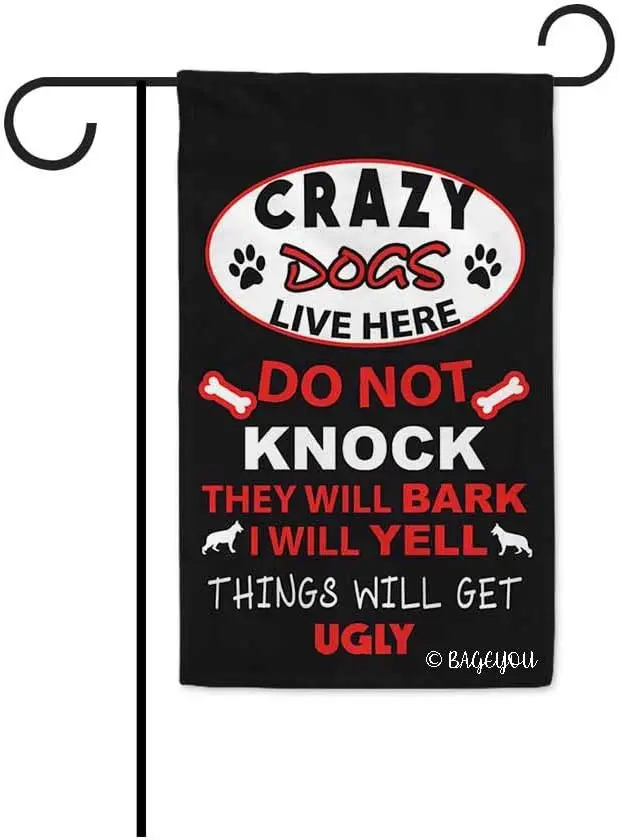 Crazy Dogs Live Here Do Not Knock Sign Decorative Garden Flag For Outside Puppy Paw Bone Home Decor Yard Banner Black 12.5X18 In