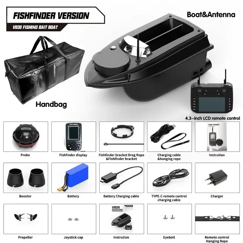 2024 새로운 V030 RC 낚시 미끼 보트 6.6LBS 로딩 용량 자동 항해 180 포인트 어군 탐지기 음파 탐지기가있는 GPS 보트