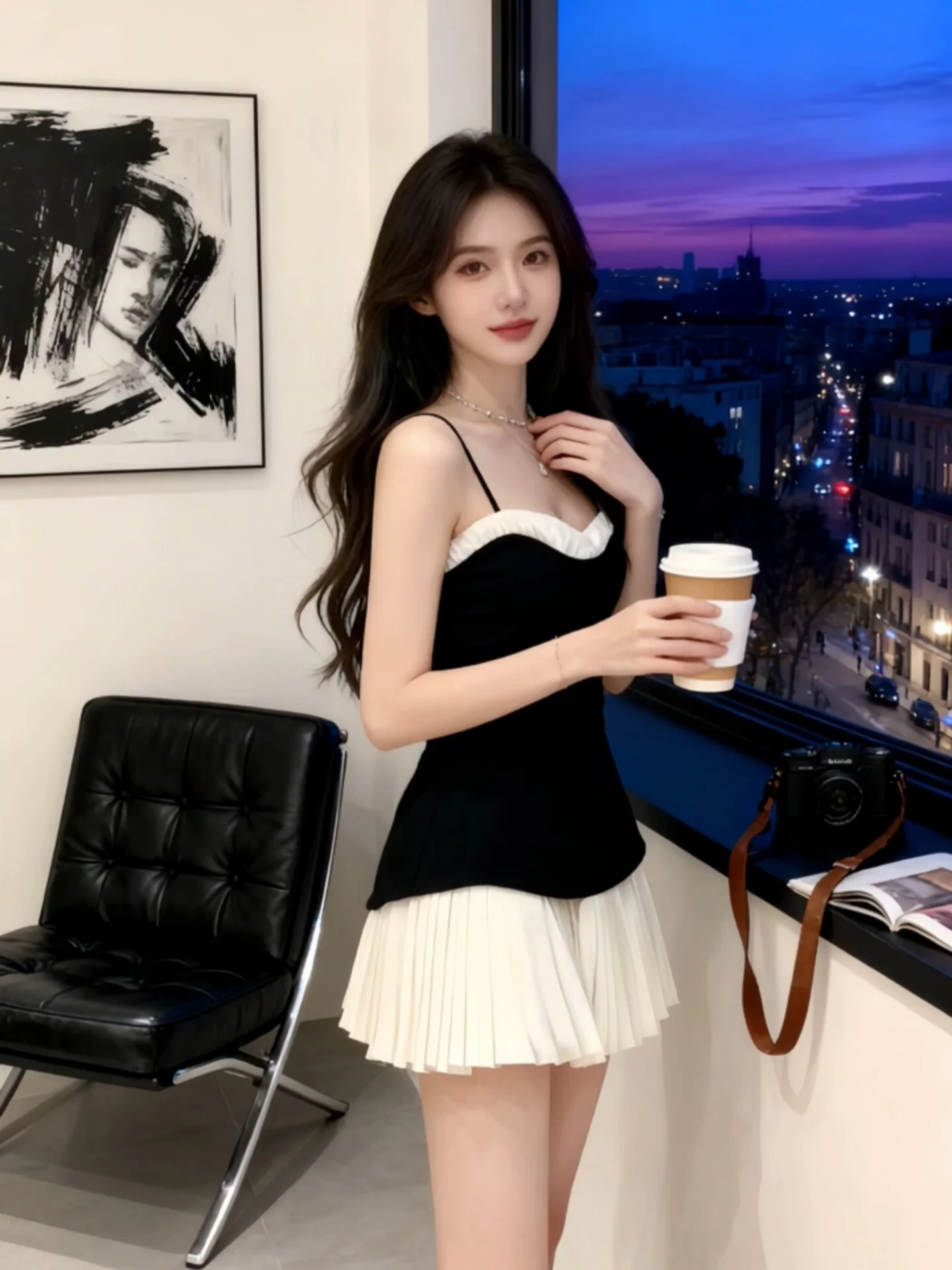 

Elegant Black White Color Block Sleeveless Halter Dress Women's Slimming Pleated Short Skirt A-Line Silhouette Business Casual