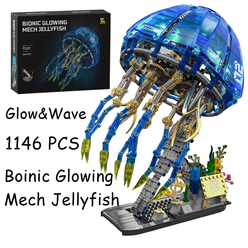 

1146PCS Bionic Glowing Mechanical Jellyfish,Creative Phantom Light Wave Jellyfish Model Decor Ornament,Building Blocks Toys Gift