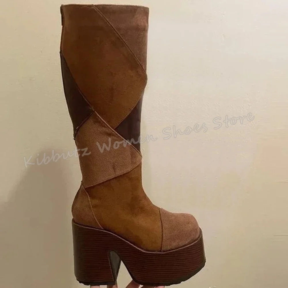 

Suede Platform Knee High Boots Patchwork Fashion Luxury Novelty Sexy Concise Round Toe Chunky Heels Slip-On Women Shoes Newest