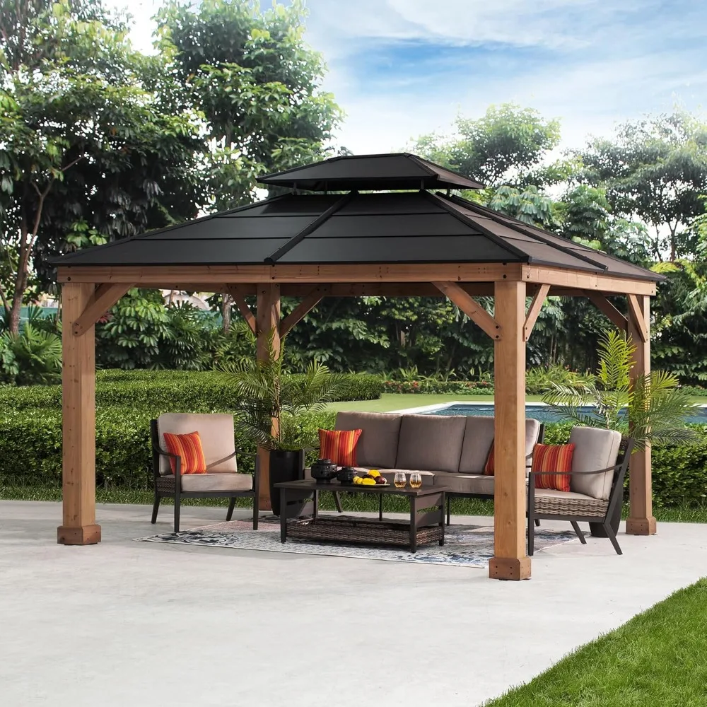 

Hardtop Gazebo 11’ x 13’ Outdoor Cedar Framed Wood Gazebo with Black Double Steel Hardtop Roof Permanent Canopy for Garde