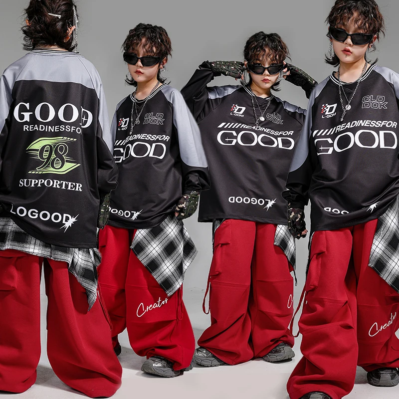 Jersey de Hip Hop para niños, pantalones Cargo rojos de baile callejero, trajes para correr K-pop para niñas, conjuntos de ropa deportiva de Jazz para niños, ropa de calle para niños