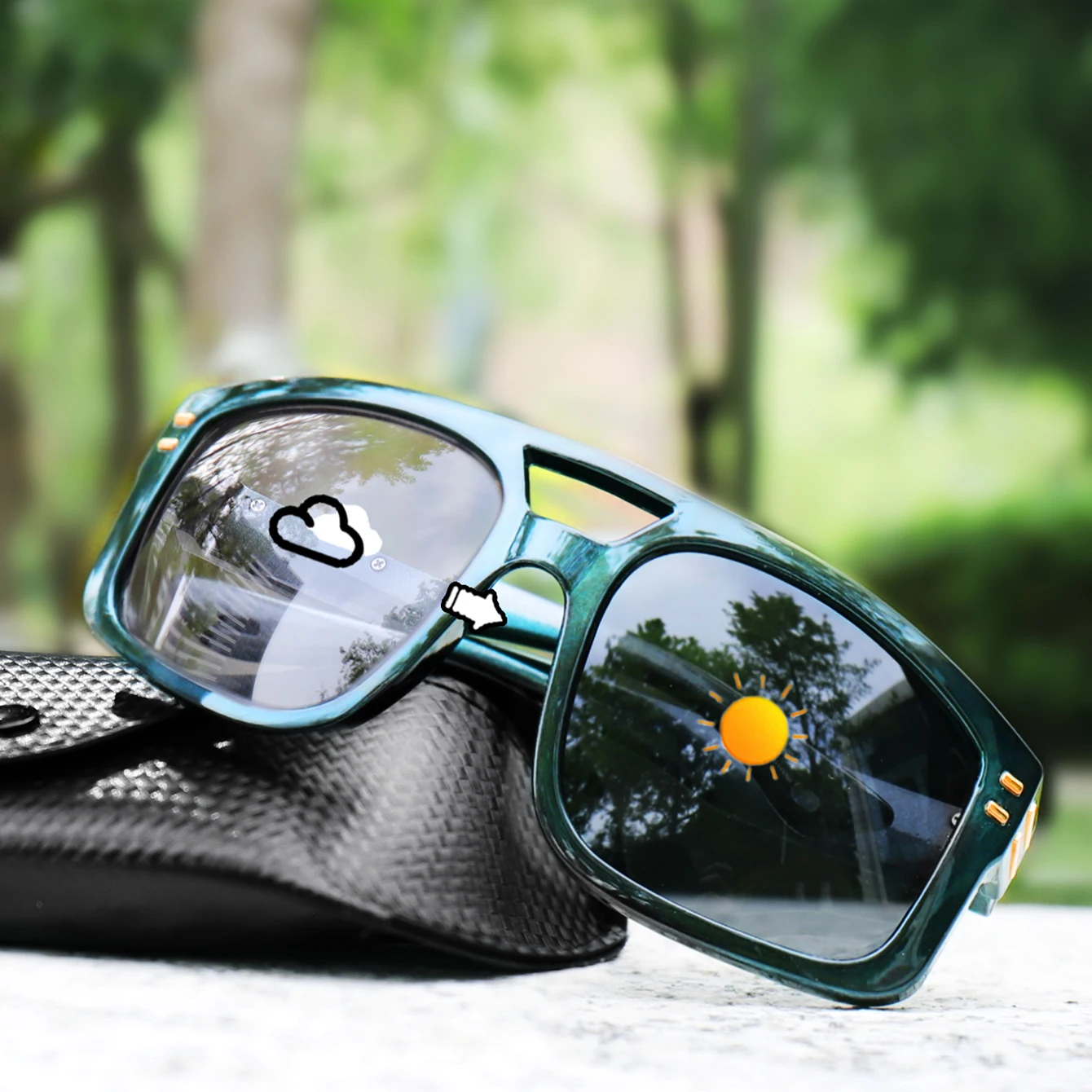 Photochrome Sonnenbrille für Damen und Herren, quadratisch, winddicht, lässig, modisch, für Outdoor-Sportarten, Laufen, Wandern, Radfahren – Detail 4