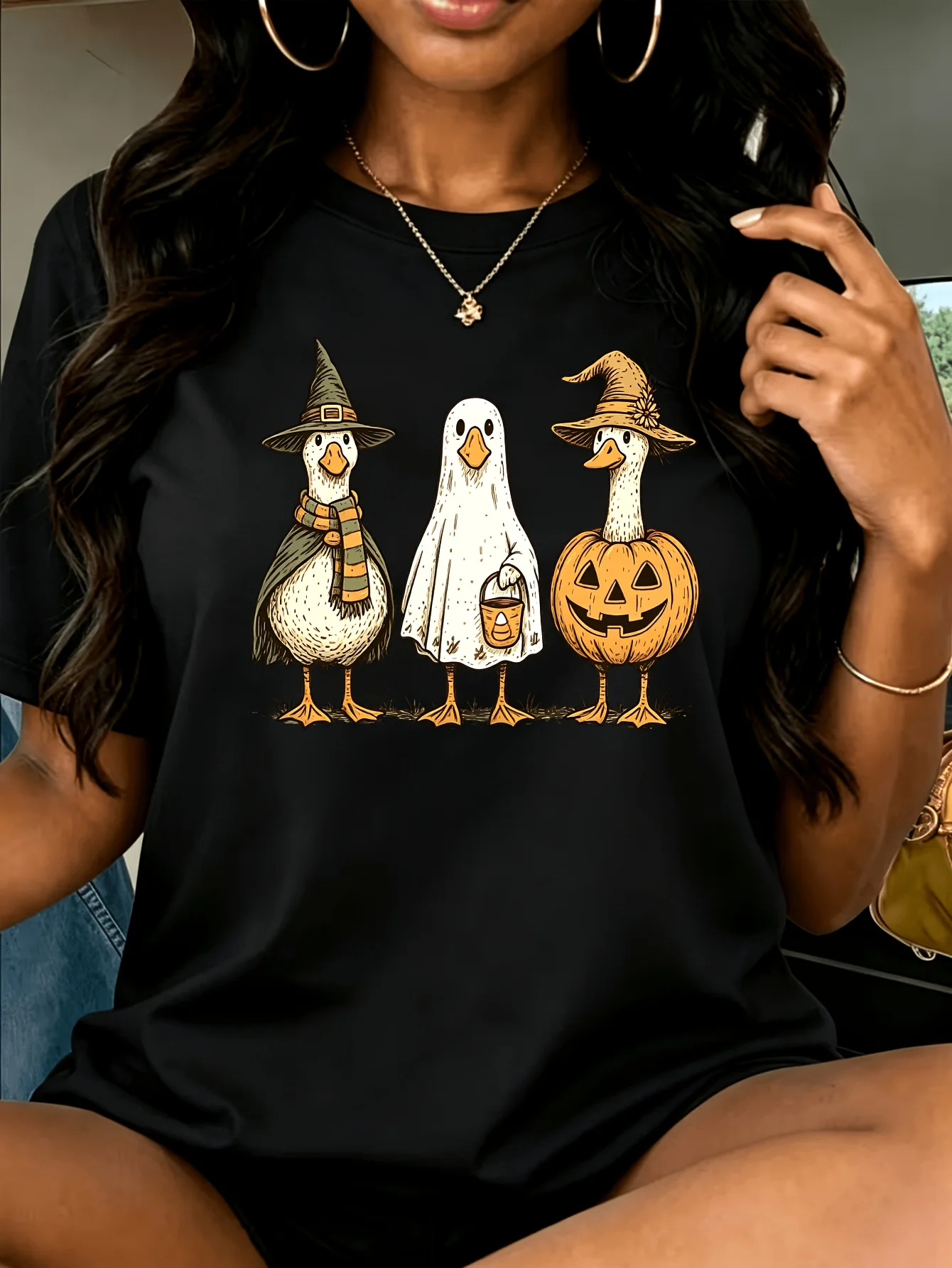Women Crew Neck Tee Cute Halloween Ducks Witch Ghost Pumpkin Graphic Print Short Sleeve Loose Ladies Cotton Plus Size Casual Top
