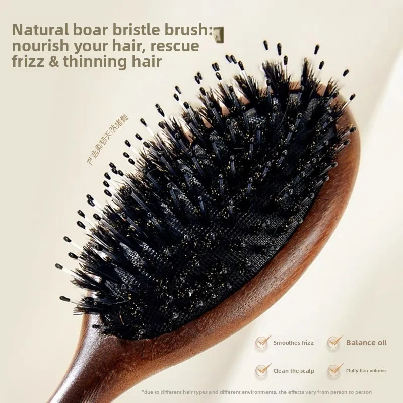 Pettine a cuscino d'aria con setole di cinghiale in legno di sandalo: massaggio del cuoio capelluto e pettine meridiano, capelli lisci, aggiunge volume, perfetto per l'uso domestico.