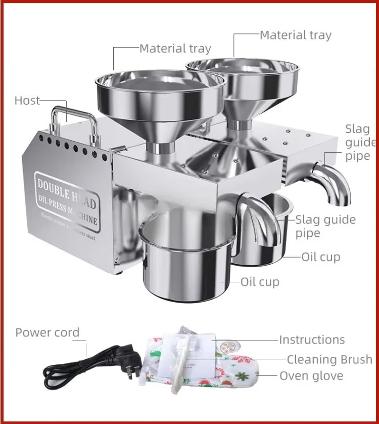 Pressa per olio di girasole di arachidi elettrica a doppia testa sicura con piccolo filtro Pressa per olio per estrattore di olio da 6-12 kg / h