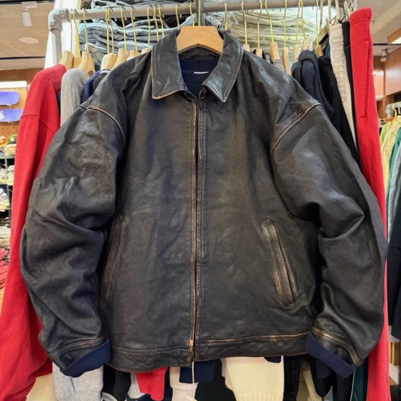 

Winter American Retro Distressed Faded Black PU Beams Jackets Streetwear Collar Zipper Coats Men Women Hip Hop Motorcycle Suit