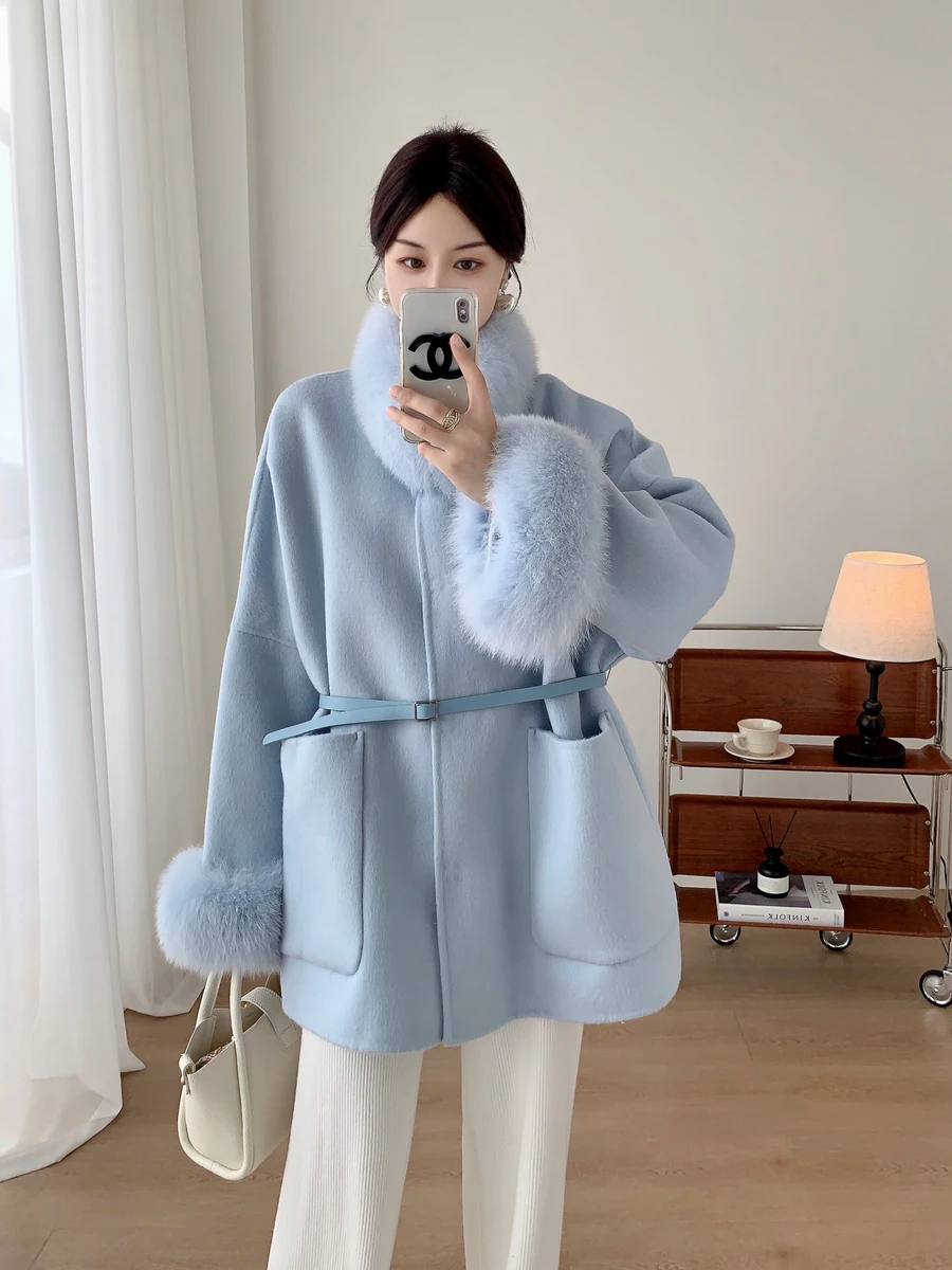 New Autumn Winter Real Woolen coats Korean Style Multiple Colour Natural fox Fur Jackets