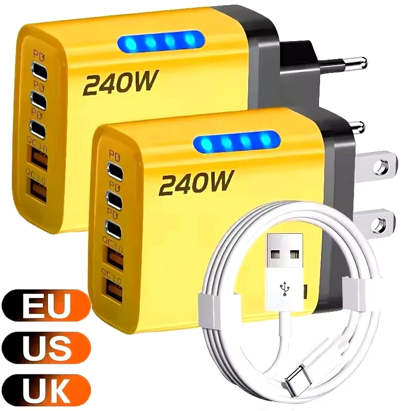 5 Port GaN Fast Charger Type C PD QC 3.0 USB Phone Charger Adapter For iPhone Samsung Xiaomi Huawei Laptop Tablet Fast Charging