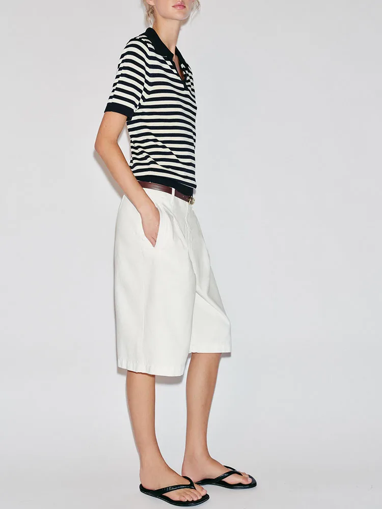 Women's New Arrival V-neck Striped Short Sleeve Knitted  Shirt Versatile Top for Autumn Season Straight Cut Sleeve Design