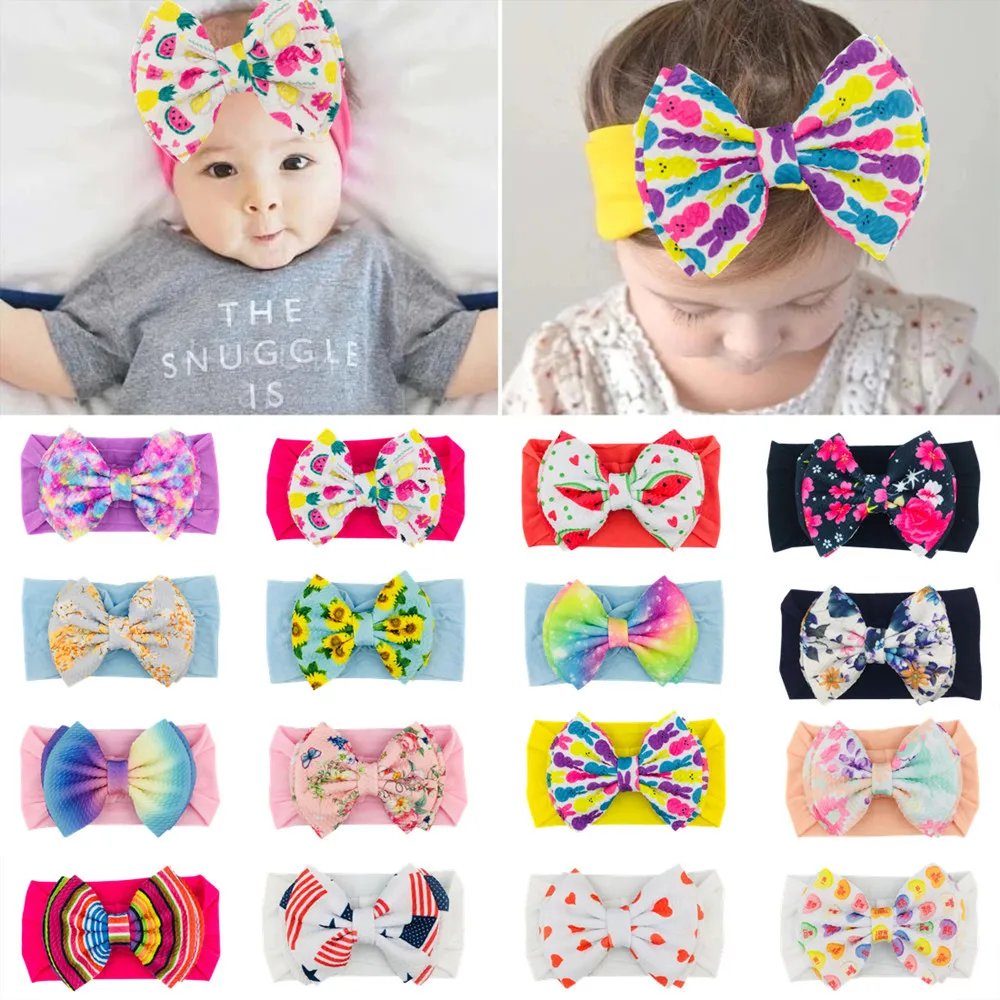 

100 Pcs Wholesale European And American Popular Baby Nylon Headband Digital Printed Bubble Fabric Big Bow Headband High-end Head