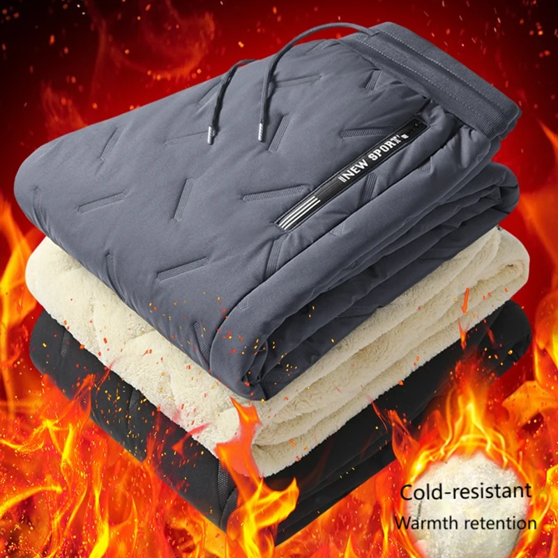 

Outdoor Men Thick Fleece Baggy Pants Sherpa Lined Waterproof Sweatpants Windproof Casual Pants Lambswool Warm Active Trousers