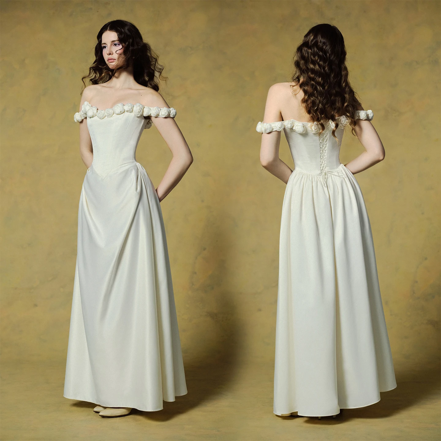 

Elegant Satin Boat Neck Wedding Dress For Women Off The Shoulder 3D Flowers Fashion Floor Length Bridal Gown TSWD951