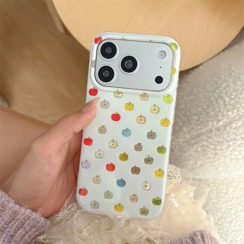 

Kawaii Colorful Mini Apple Print White Phone Case For iPhone 13 14 15 16 17 Pro Max INS Fresh Summer Style Large Window Shockpro