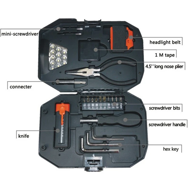 Set peralatan kombinasi dengan lampu, Kit termasuk Set Obeng, pegangan roda gigi, lengan dan obeng jam