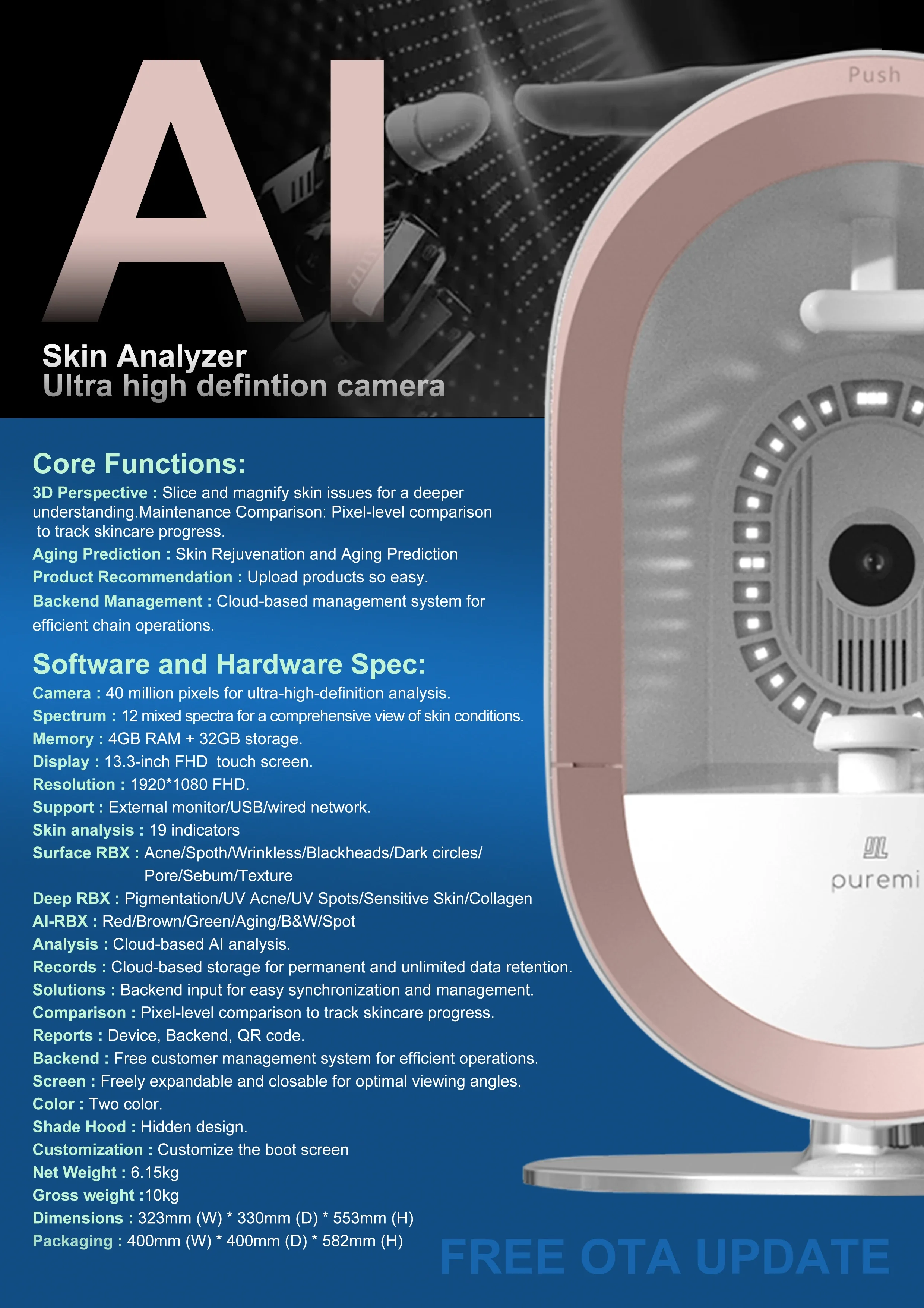 AI Magic 3D  Face Analysis System Skin Tester Analyzer Scanner Facial Skin Analysis Machine Skin Analyzer