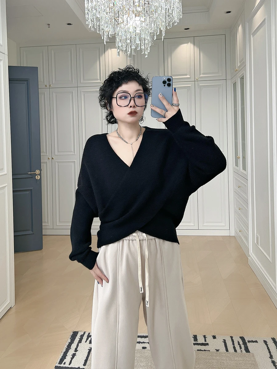 

Женский трикотаж V-Ne больших размеров, повседневный дизайн на пуговицах, обычный, тонкий, длинный, сверовая, длина, с перекрещенный дизайн