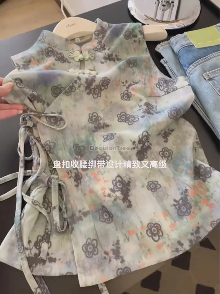 Summer New Chinese-Style National Fashion Sleeveless top Women floral print Buckle shirt Elegant daily lady vest