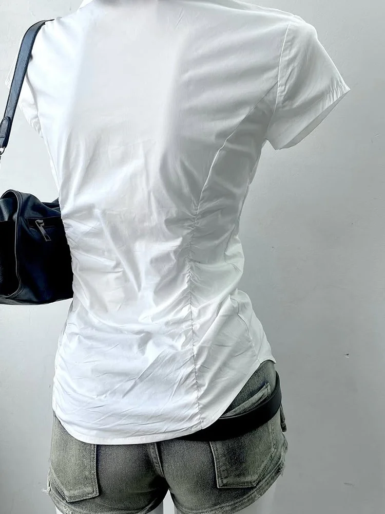 

Original White Pleated irt Micro Wind Vintage Faion Waist Cinching Design Women's Summer New Arrival Cotton Blend irt